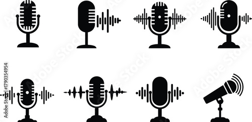 Podcast microphone icons collection, audio recording mic vector set, sound wave illustration for broadcasting, radio, voice recording and music studio