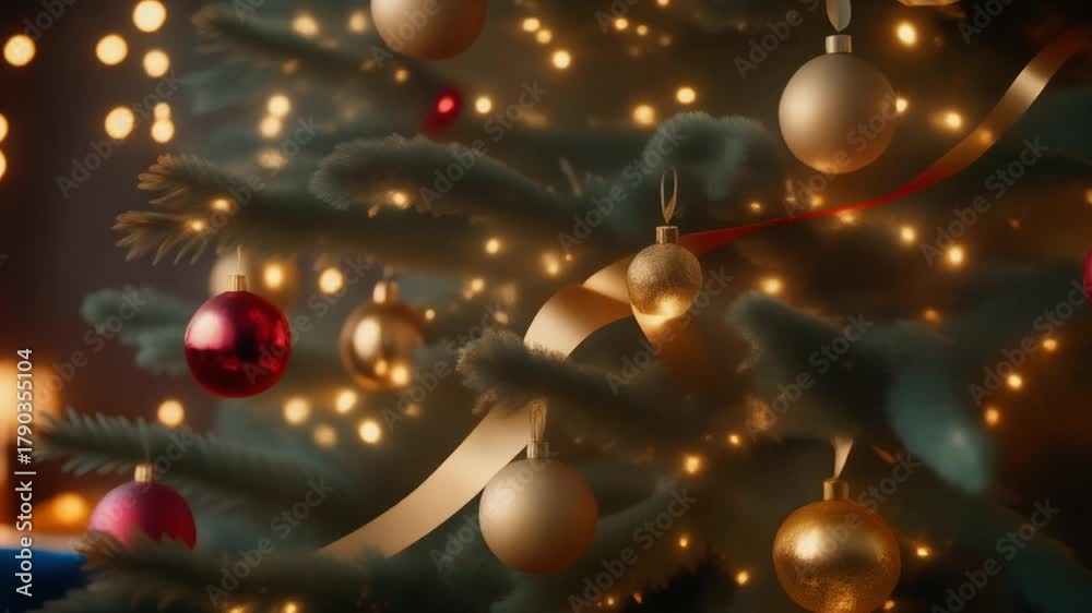 Árbol de Navidad grande y frondoso. Está profusamente decorado con una combinación de elementos clásicos: Esferas (bolas) grandes y brillantes en colores rojo (reflectantes) y dorado (acabado mate).