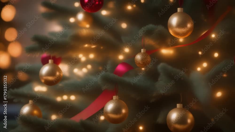 Árbol de Navidad grande y frondoso. Está profusamente decorado con una combinación de elementos clásicos: Esferas (bolas) grandes y brillantes en colores rojo (reflectantes) y dorado (acabado mate).