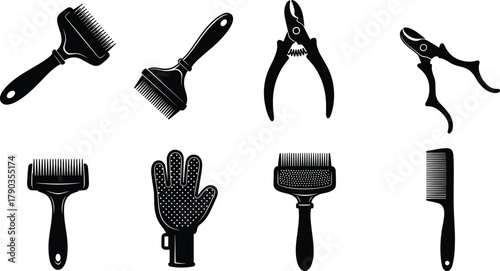Pet grooming tools vector set, animal care accessories, brush comb and clipper illustration, professional grooming equipment for dogs and cats