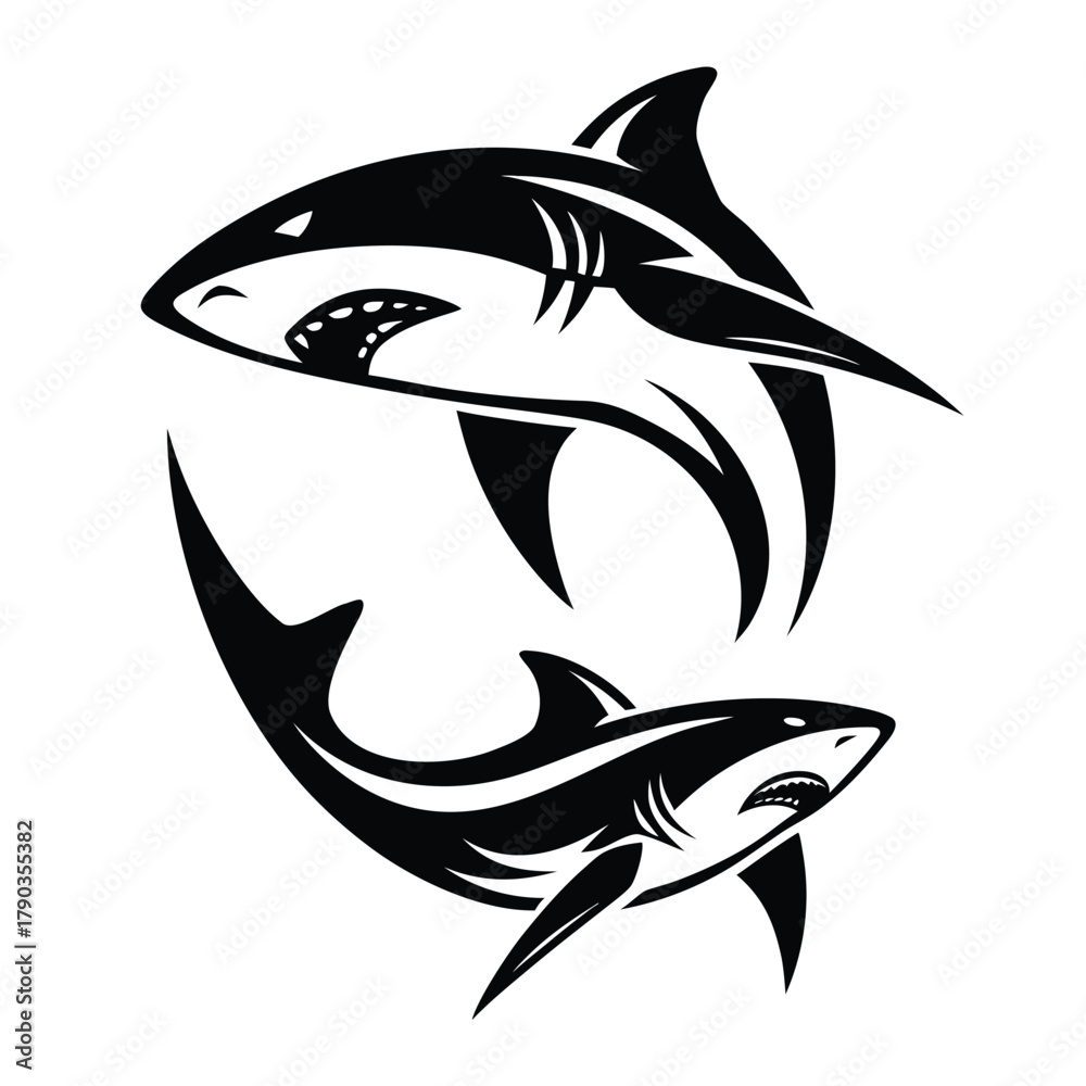 Obraz premium Aggressive Black and White Shark Mascot Tattoo Design, Tribal Water Predator Vector Icon
