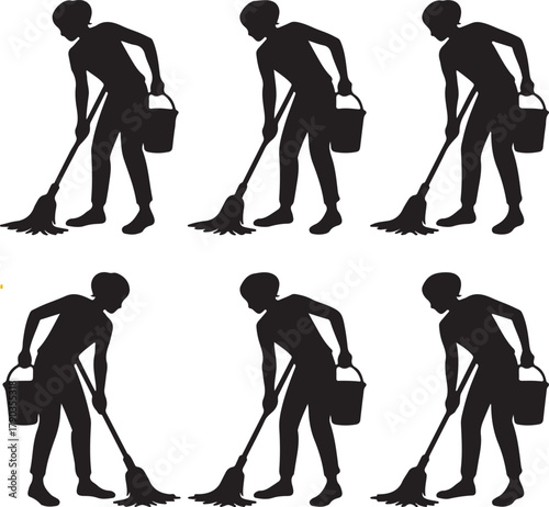 Silhouetted Figures Mopping Floors With Buckets For Cleaning Illustration