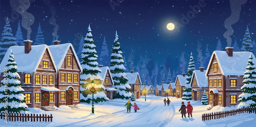 A charming and cozy Christmas night scene illustration of a peaceful, snow-covered winter village.