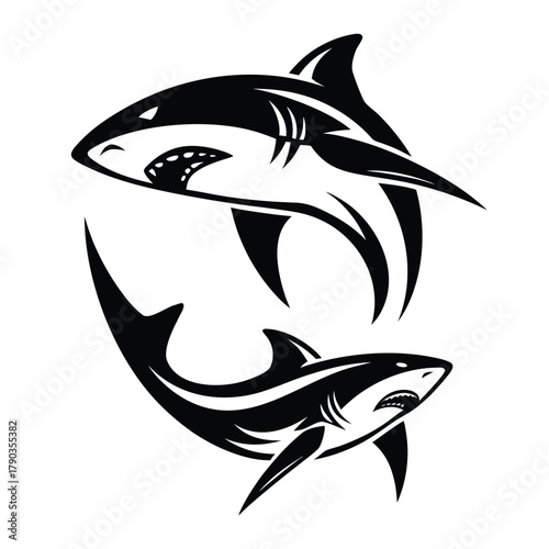 Aggressive Black and White Shark Mascot Tattoo Design, Tribal Water Predator Vector Icon