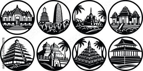 Collection of iconic asian landmarks in black and white, showcasing cultural heritage and architecture