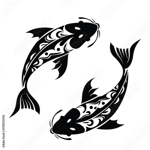 Black and White Yin Yang Koi Fish Tribal Tattoo Design, Asian Harmony Symbol Vector