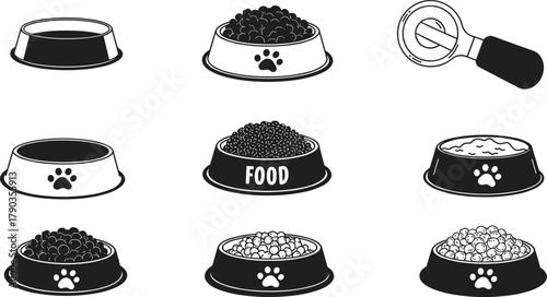 Pet food bowls collection, dog and cat feeding dishes, kibble containers, animal meal icons, vector illustration set, isolated design