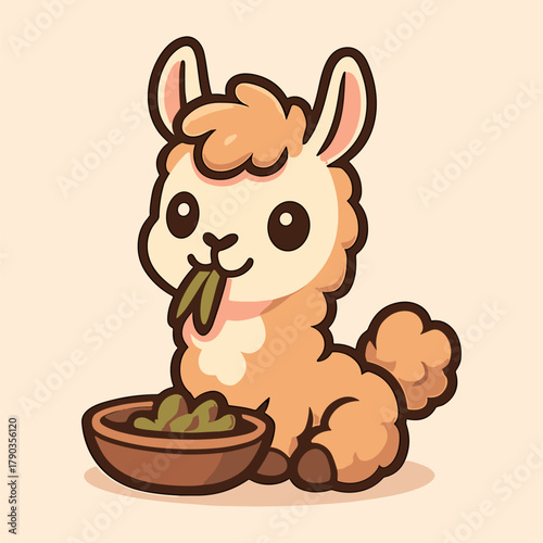 Joyful alpaca cartoon mascot enjoys its meal.