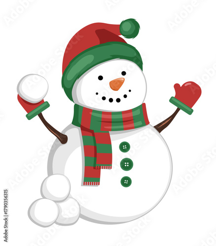 Cute snowman playing snowball fight in wintertime. Vector illustration