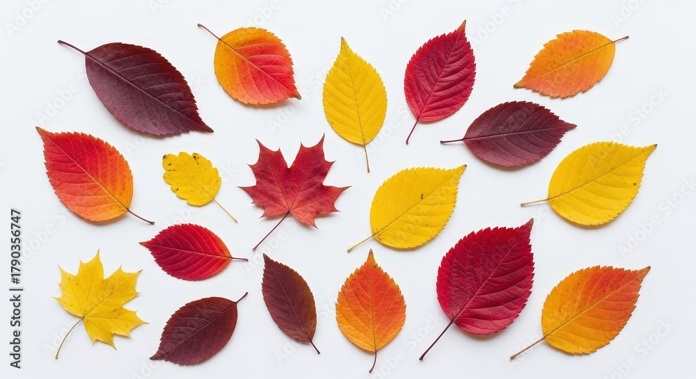 Fototapeta premium Colorful Autumn Leaves of Various Shapes and Sizes on a White Background