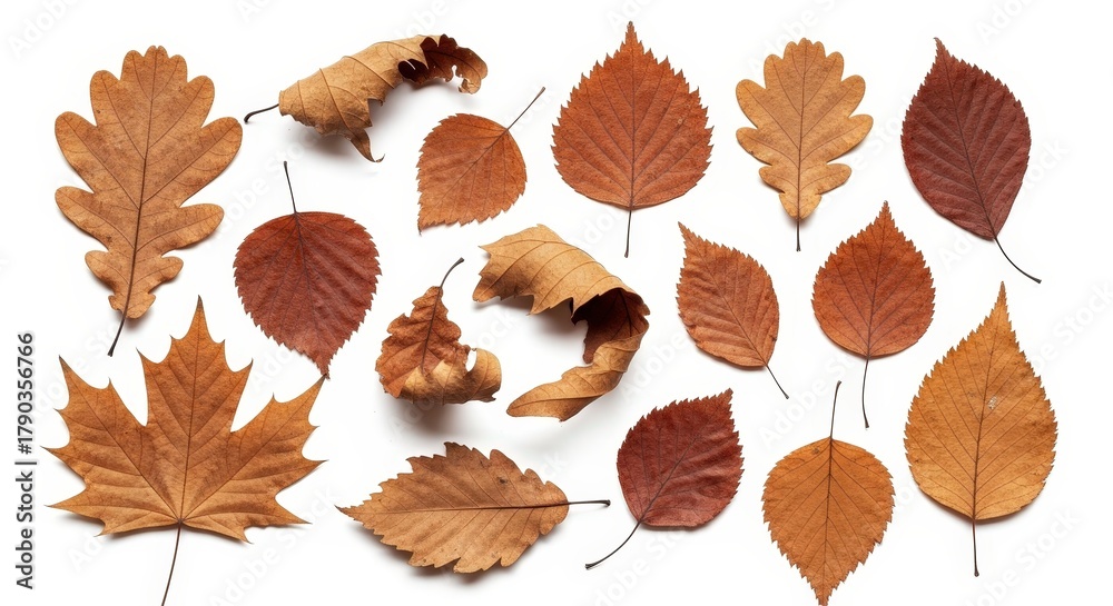 Obraz premium Autumn Leaves Collection on White Background in Various Shapes and Textures for Natural Decor