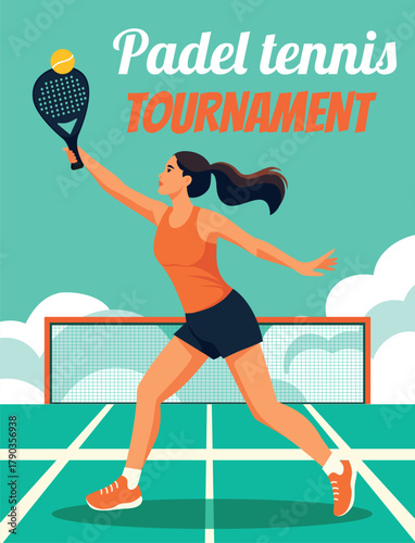 Padel Tennis Tournament. Vector illustration of an energetic woman playing padel tennis on a court in a mint green palette. Suitable for flyers, posters, sports advertising, social media, and websites