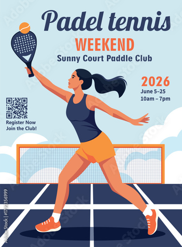 Sunny Weekend Paddle Club. Vector illustration of an energetic woman playing paddle tennis on a court at an event. For flyers, posters, sports advertising with a registration code, title, date, time