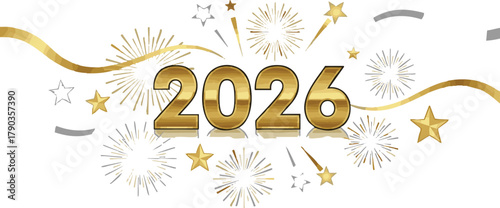 Golden 2026 New Year Celebration with Fireworks and Stars on White Background
