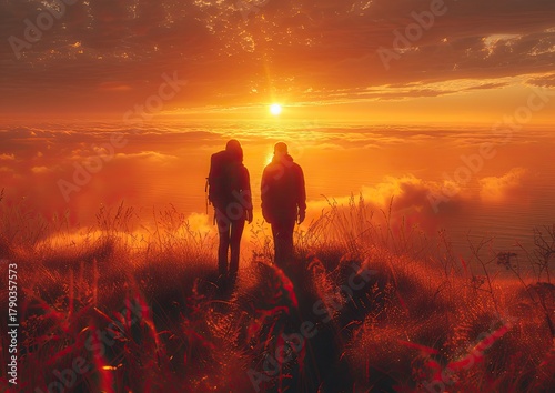 a couple admiring a picturesque sunset