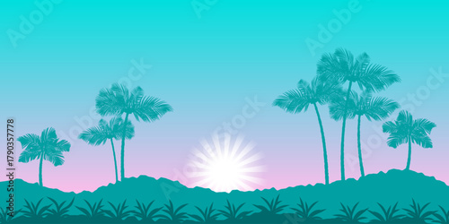 Landscape with tropical trees, plants and sunrise