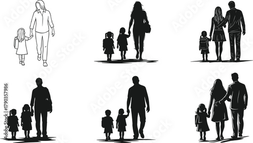 Parents walking with children silhouette, family together concept, father mother daughter illustration, happy parenting, family bonding, education journey artwork