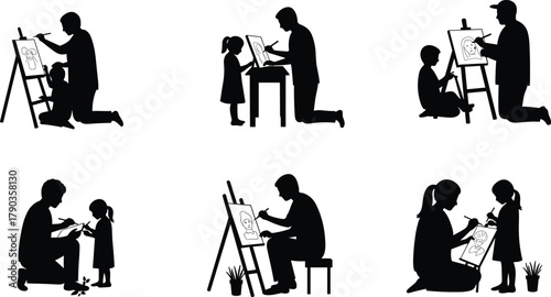 Parents and children drawing together, silhouette illustration of family art time, creative bonding activity, sketching, teaching kids portrait art