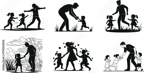 Parent playing with children silhouette, family bonding outdoors, happy parenting concept, childhood fun activity, mother and father with kids illustration