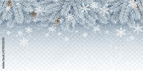 Frosted Pine Boughs Winter Top Border with Falling Snowflakes on Transparent Background