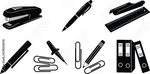 Office stationery icon set, pen, pencil, ruler, stapler, paper clip, push pin, binder, business tools, minimal vector illustration