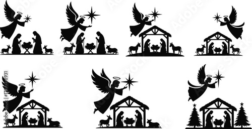 Nativity scene silhouette, Christmas manger illustration, holy family, angel with star, religious artwork, Jesus birth, Christian holiday, black graphic