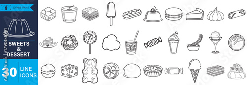 A comprehensive set of outline icons for various sweets and desserts. Perfect for web, print, and app design, offering versatility and easy customization.