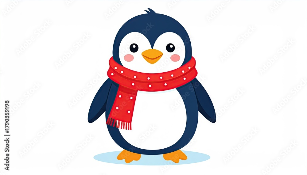 Obraz premium Cartoon Penguin with Red Scarf on White Background Flat Vector Illustration