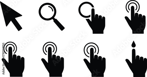 Mouse cursor and hand click icons set, pointer, touch screen, navigation, selection, zoom, search and user interface symbol vector