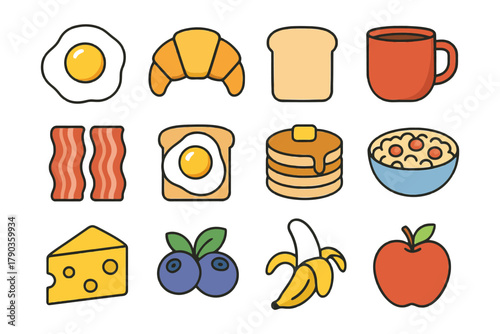 Colorful breakfast icons: eggs, croissant, toast, bacon, pancakes, cereal, cheese, fruit.