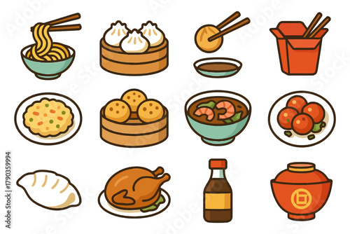 Assorted asian cuisine icons including noodles, dumplings, rice bowl, soy sauce, and peking duck.