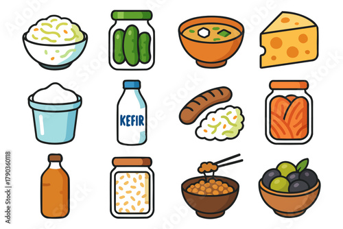 Variety of fermented foods: kefir, kimchi, sauerkraut, pickles, yogurt, natto.