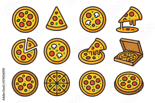 Various pizza icon set featuring slices and whole pies.