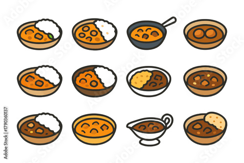 Assorted curry dishes and bowls with rice and sauce in cartoon style.