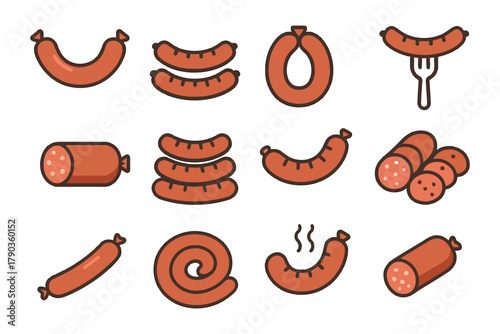 Variety of sausage icons - illustrated set of different sausage types.