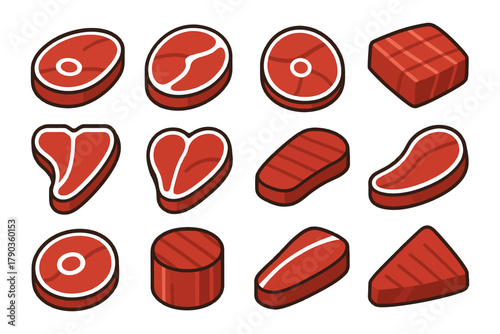 Assorted cartoon meat cuts collection on white background.