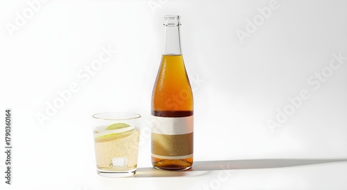 Chilled golden liquid in a sleek bottle and elegant glass with a refreshing citrus twist, embodying crispness and modern beverage design