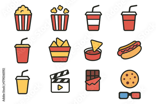 Movie snacks and drinks icons: popcorn, soda, nachos, hotdog, chocolate, 3d glasses.
