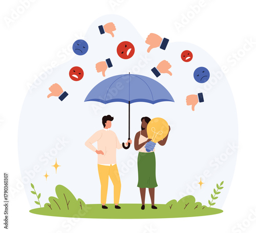 Two people stand under a blue umbrella protecting themselves from negative emotions and criticism, holding a glowing light bulb as a symbol of positive ideas isolated vector illustration