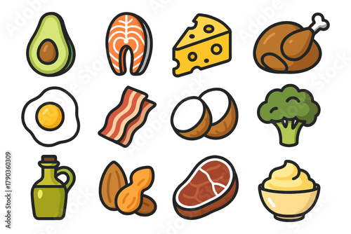 Cartoon food icons: cheese, avocado, broccoli, chicken, egg, meat, oil, nuts.