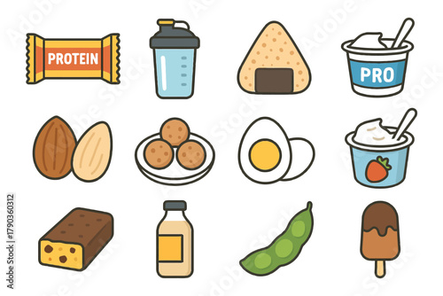 Assorted high-protein snacks: bars, shakes, nuts, eggs, and yogurt.