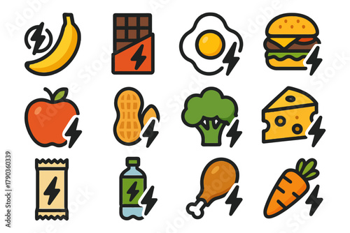 Energy-boosting icon set featuring food items with lightning bolt symbols.
