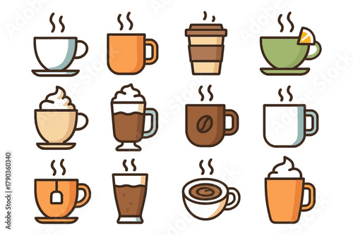 Variety of coffee and tea cups with steam icons.