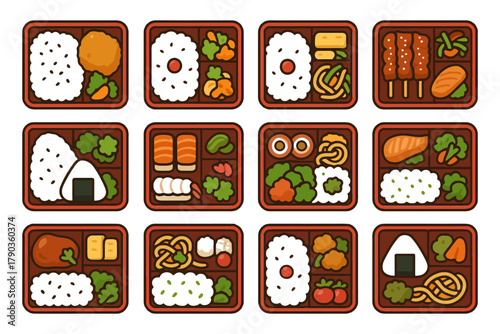 Colorful bento boxes with rice, vegetables, and fish in various arrangements.