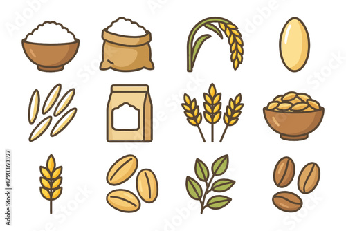 Collection of grain and cereal icons including rice, wheat, and oats.