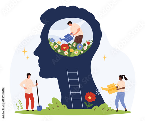 Tiny people caring for flowers inside and around a human head symbolizing mental health, positive thinking, self improvement, emotional well-being, and inner growth isolated vector illustration
