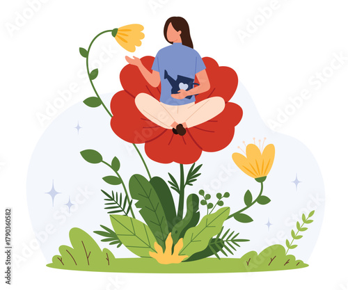 Young woman sitting cross-legged on a large red flower holding a watering can, symbolizing self care, mindfulness, and personal growth in a flat style isolated vector illustration