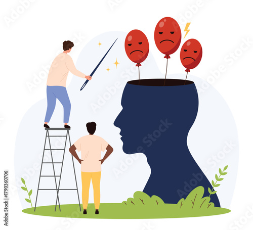 Two small characters addressing negative feelings inside a human head silhouette with sad balloons, symbolizing stress relief, mental health, emotional support, flat isolated vector illustration