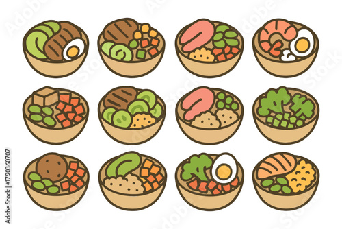 Assorted colorful bowls of mixed vegetables and proteins – illustrated food selection.