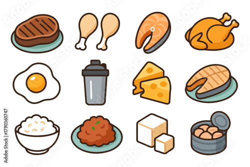 Assorted protein foods icons: steak, chicken, salmon, egg, cheese, rice, tofu.